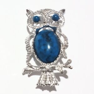 Vintage Gerry's Silver Tone Faux Turquoise Owl Brooch Pendant